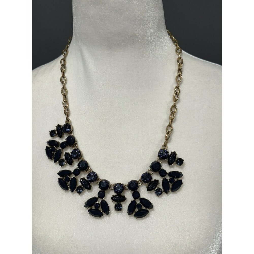 J. Crew Midnight Blue Floral Gold Tone Statement Necklace J9